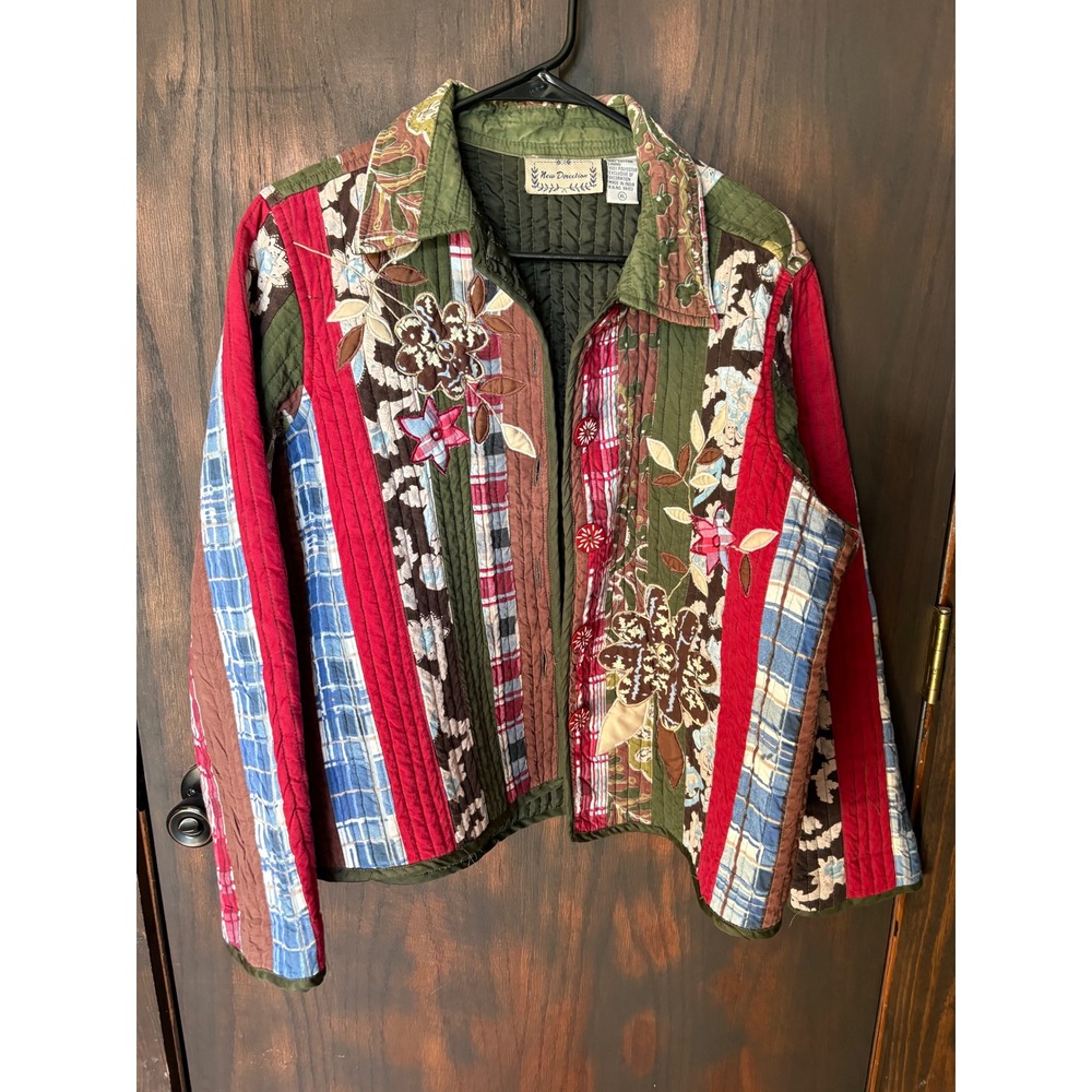 New Direction Womens XL Quilted Patchwork Jacket Floral Embroidered Boho Cotton